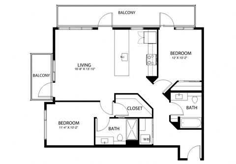 A black and white image of a floor plan for a two bedroom apartment.